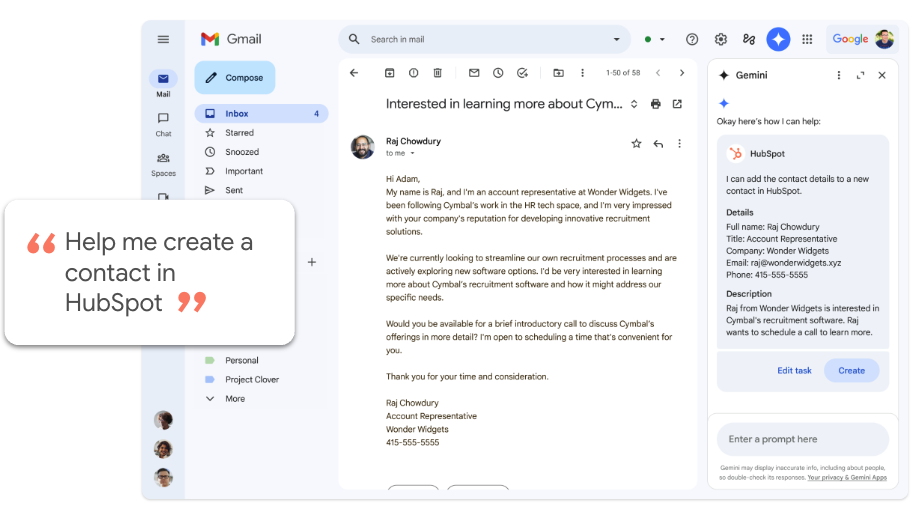Gmail interface with Gemini AI side panel, offering HubSpot contact and deal actions inline.