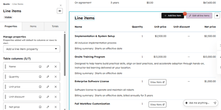 Line Items Library in HubSpot