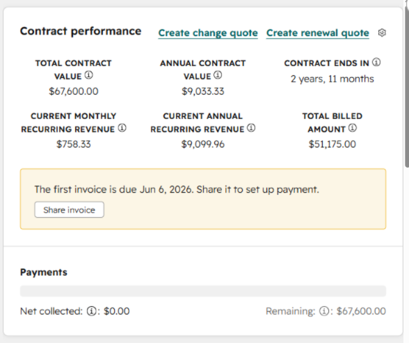 Data reported from a contact in Revenue Hub