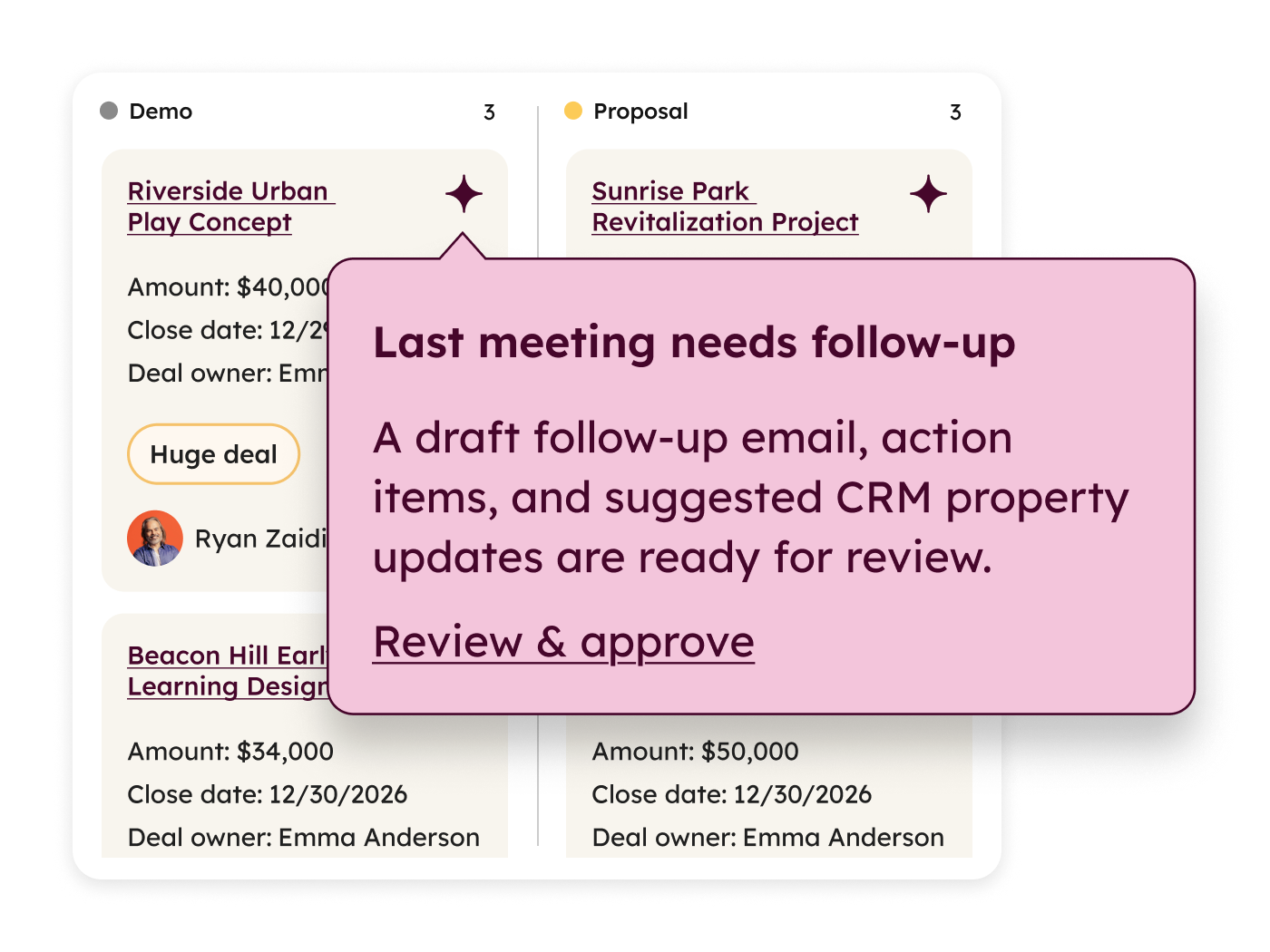 HubSpot Smart Deal Progression suggesting CRM updates tasks and follow-up emails after a sales meeting